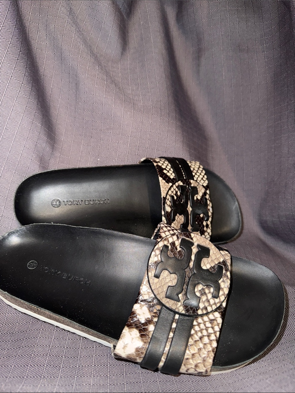 Tory Burch Black & Taupe Snake-Print Logo Slide Sandals